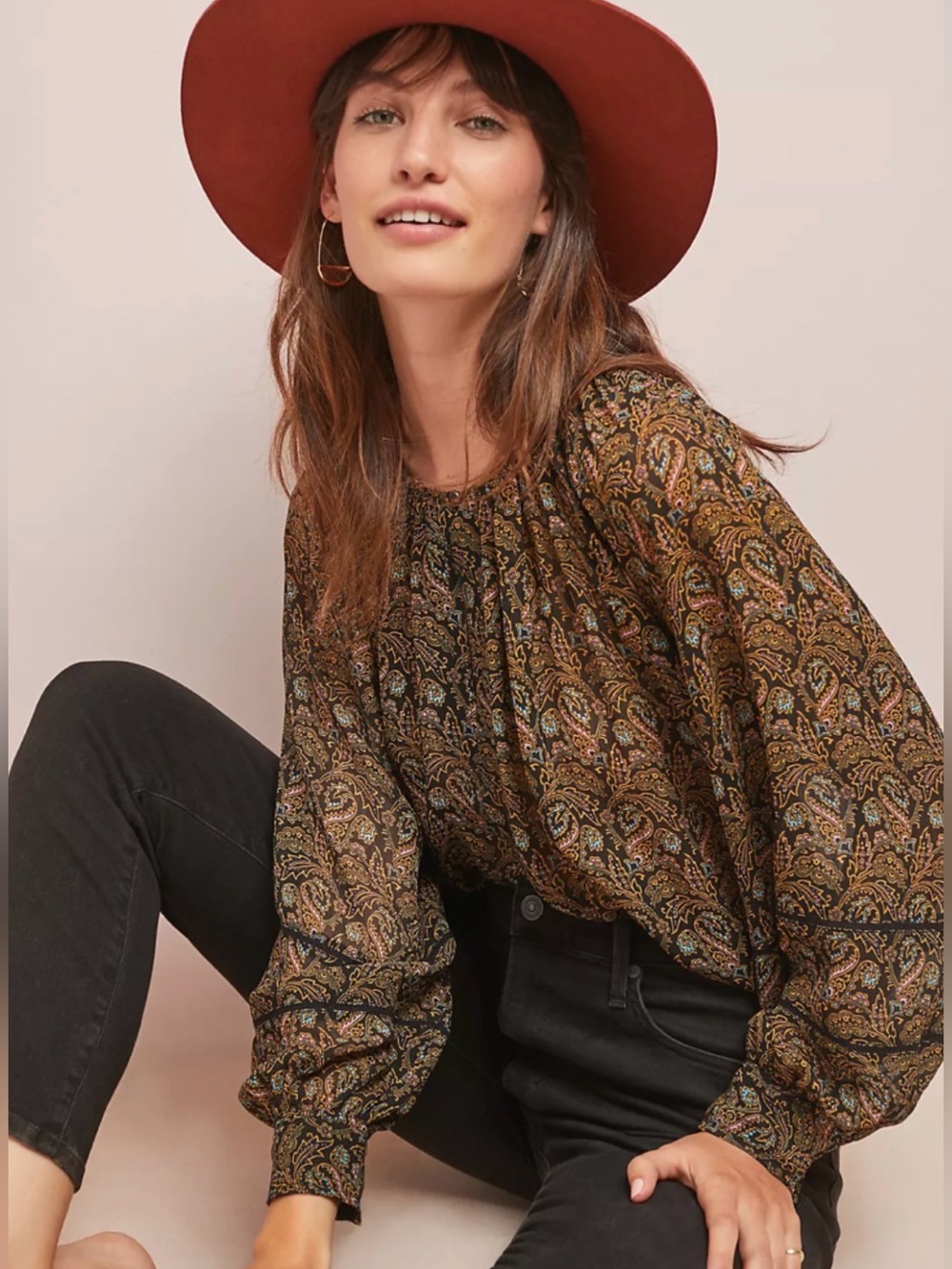 Elena Paisley Smocked Neck Blouse